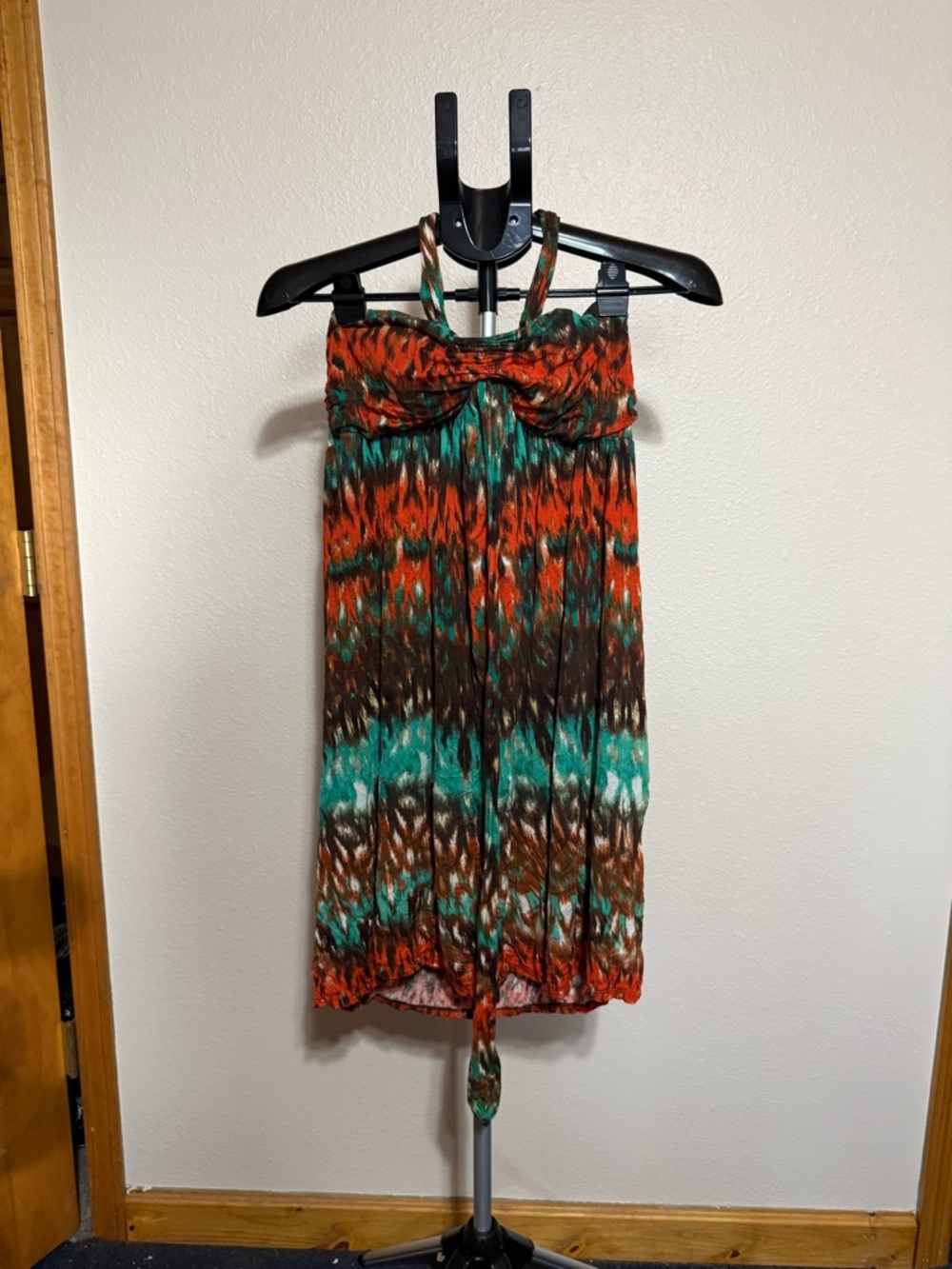 Alyx Multicolor Strapless Dress in Teal,‎ Orange & Brown